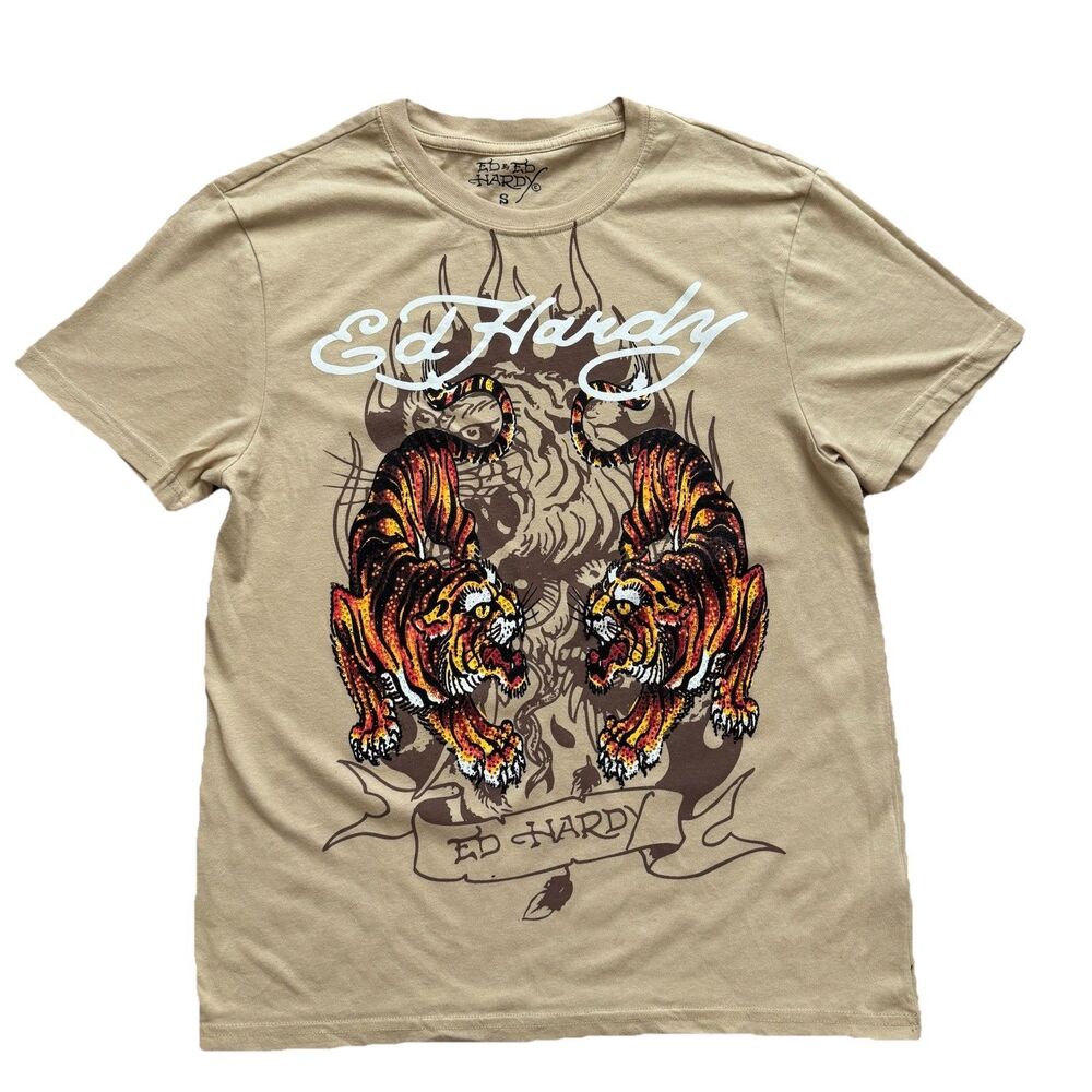 Ed Hardy Tiger Shirt Mens S Beige Rhinestone Graphic Y2K Streetwear Tee